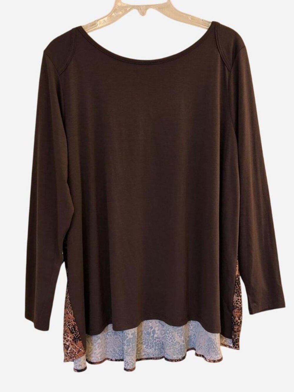 DG2 by Diane Gilman Brown Animal Print Layered Hem Top Size L NWT